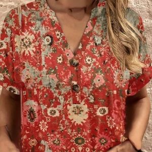 Red & Pink Button Accent V-neck Top Women